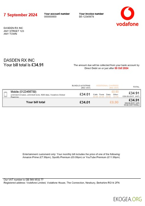 Modèle Word et PDF de facture de services publics Vodafone pour les entreprises du Royaume Uni